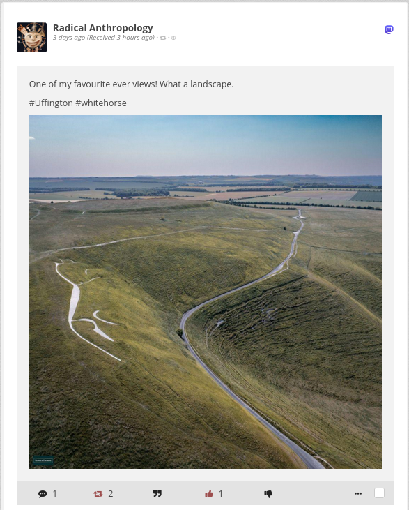 A post with the text 'one of my favourite views ever! What a landscape' with a picture, apparently from a drone, of the ancient 'white horse' chalk marking at Uffington