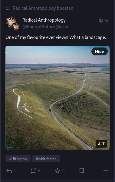 A post with the text 'one of my favourite views ever! What a landscape' with a picture, apparently from a drone, of the ancient 'white horse' chalk marking at Uffington