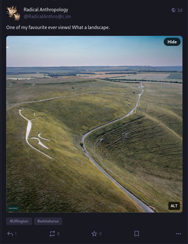 A post with the text 'one of my favourite views ever! What a landscape' with a picture, apparently from a drone, of the ancient 'white horse' chalk marking at Uffington