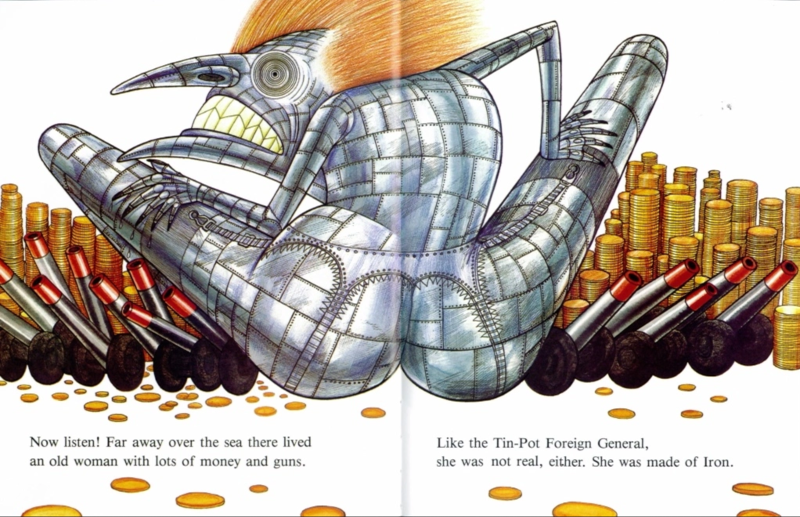 Raymond Briggs illustration of Margaret Thatcher as The Old Iron Woman, sitting among her gold and her guns