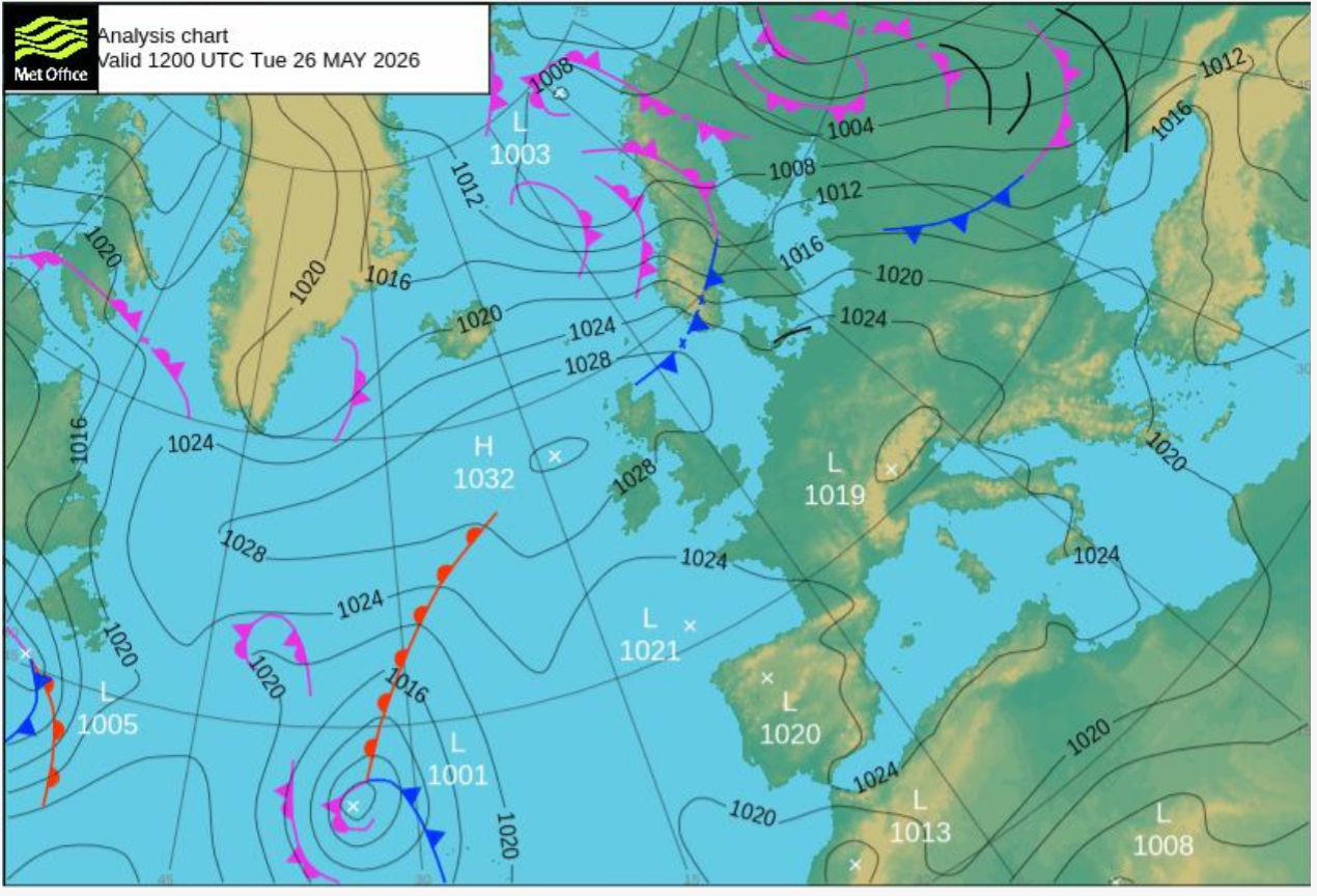 Isobar chart, Atlantic, 26/05/2026; data MetOffice