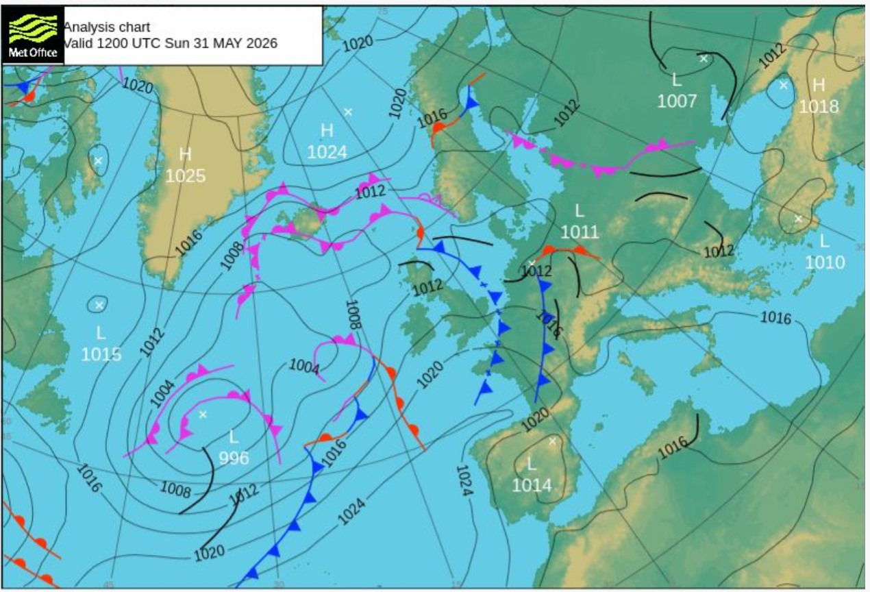 Isobar chart, Atlantic, 31/05/2026; data MetOffice