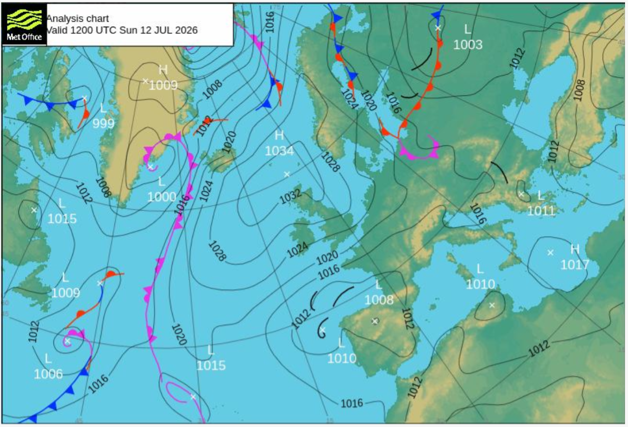 Isobar chart, Atlantic, 12/07/2026; data MetOffice