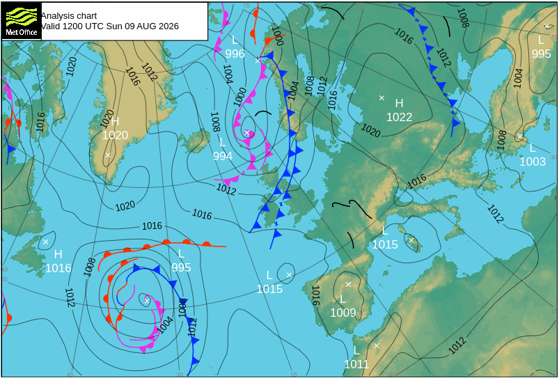 Isobar chart, UK, 09/08/2026; data MetOffice