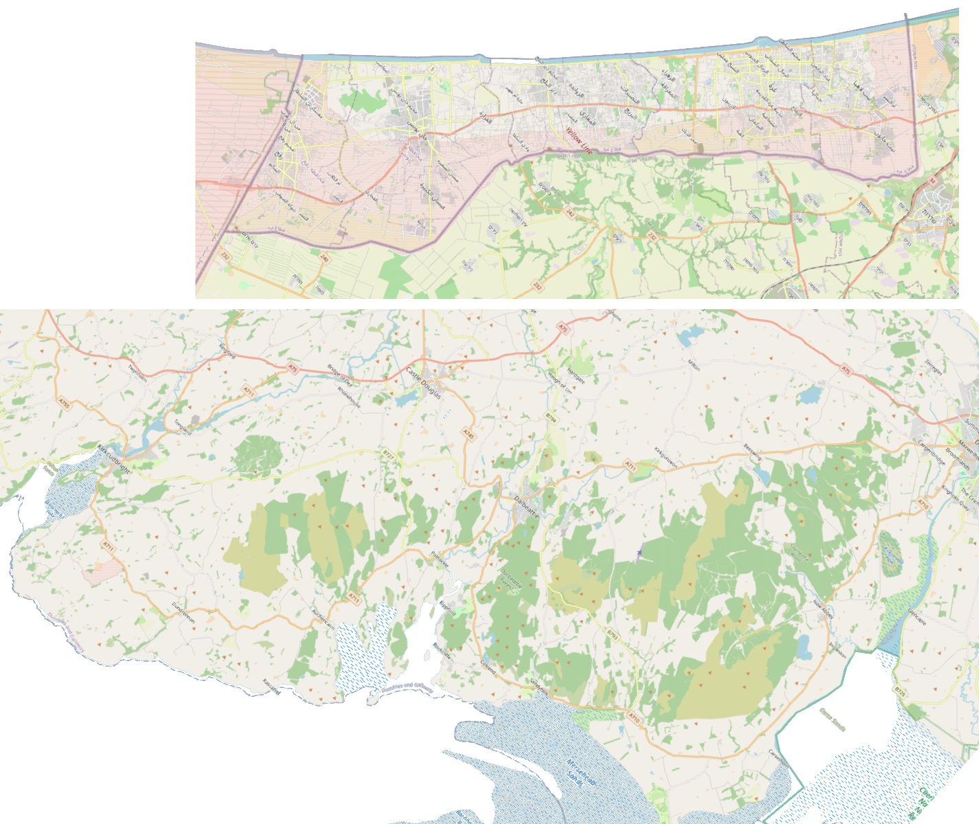 Gaza (top) against south Stewartry (bottom) both at the same scale; data: OpenStreetMap