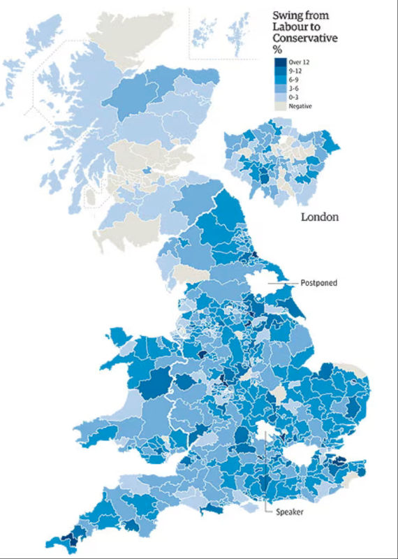 Swing from Labour to Conservative in the 2010 UK general election, clearly showing that Scotland swung markedly less.