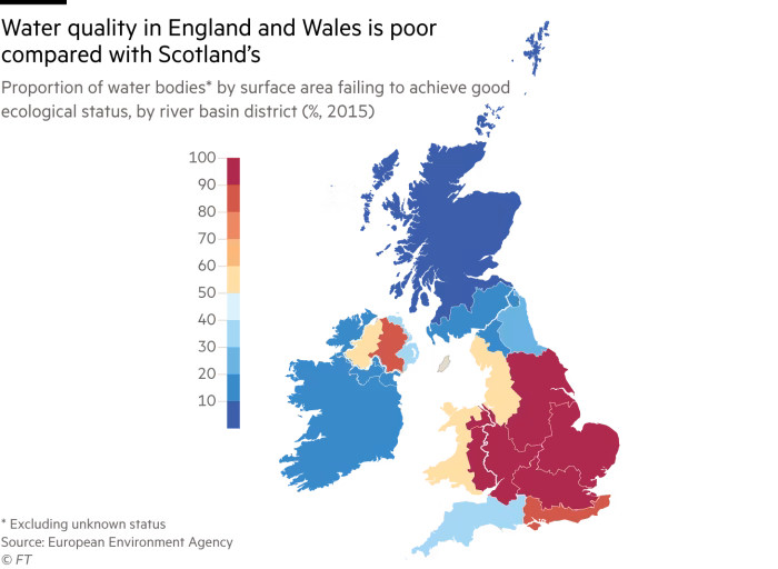 Map of the UK, with areas with poor water quality coloured red, better water quality coloured blue. Sort of matching the colours of national flags, by some curious coincidence