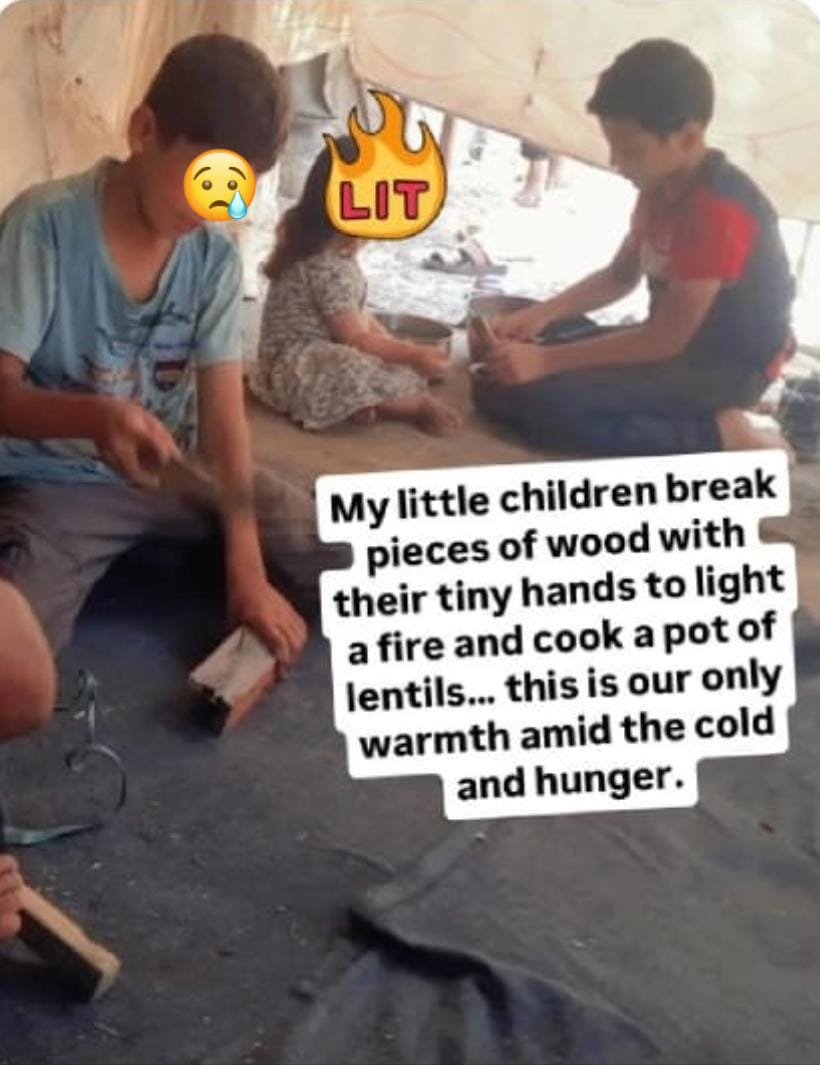 My children break firewood to make a cooking fire.